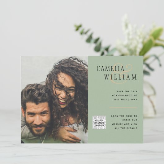 Chic Photo Wedding Invite QR Code Save Date Green Kaart (Staand voorkant)