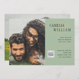Chic Photo Wedding Invite QR Code Save Date Green Kaart