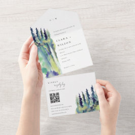 Chic Pine Tree Mountain Landscape Weddencode QR All In One Uitnodiging