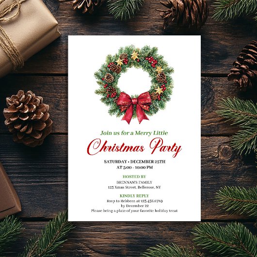 Chic Pine Wreath Festive Christmas Party Invite Kaart