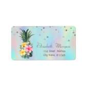 Chic Pineapple Floral Stippen Holographic Iridesce Etiket (Voorkant)