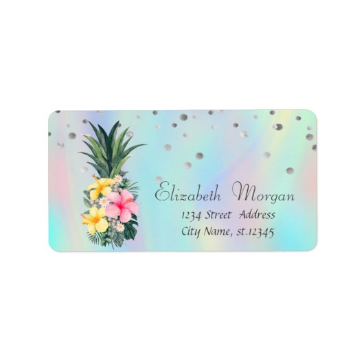Chic Pineapple Floral Stippen Holographic Iridesce Etiket (Voorkant)