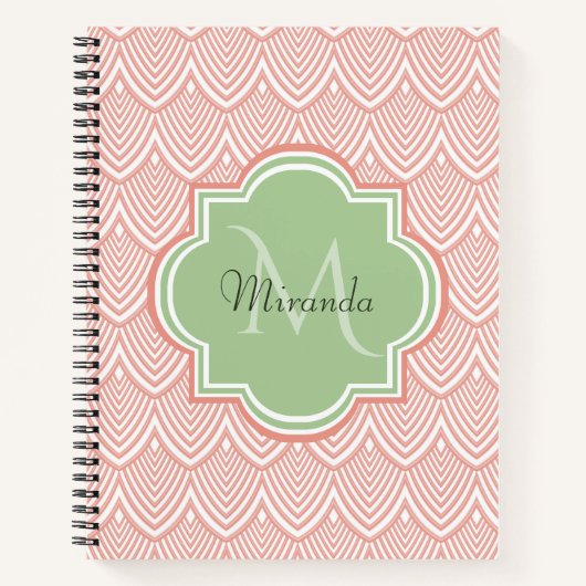 Chic Pink Arching Scallops Soft Green Monogram Nam Notitieboek (Voorkant)