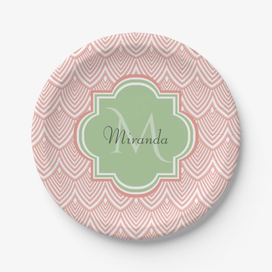 Chic Pink Arching Scallops Soft Green Monogram Nam Papieren Bordje (Voorkant)