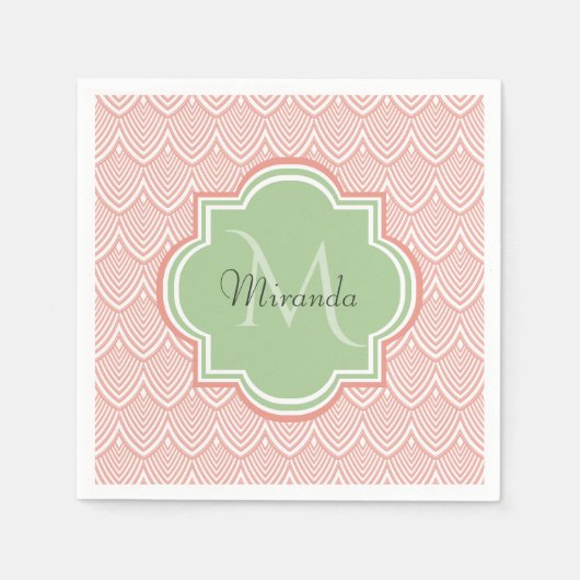 Chic Pink Arching Scallops Soft Green Monogram Nam Servetten (Voorkant)