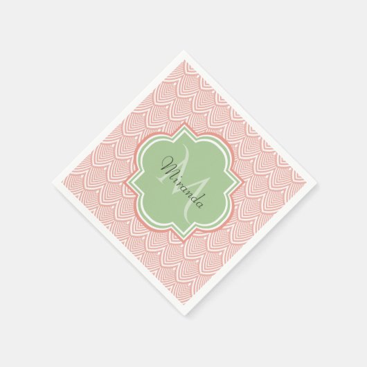 Chic Pink Arching Scallops Soft Green Monogram Nam Servetten (Hoek)