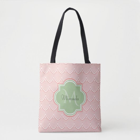 Chic Pink Arching Scallops Soft Green Monogram Nam Tote Bag (Voorkant)