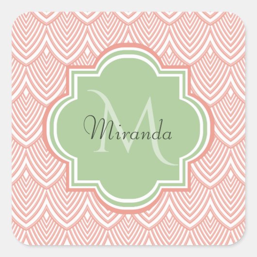 Chic Pink Arching Scallops Soft Green Monogram Nam Vierkante Sticker (Voorkant)