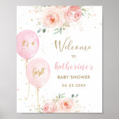 Chic Pink Balloons Floral Girl Baby shower Welkom Poster (Voorkant)