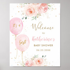 Chic Pink Balloons Floral Girl Baby shower Welkom Poster