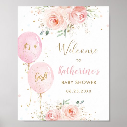 Chic Pink Balloons Floral Girl Baby shower Welkom Poster (Voorkant)