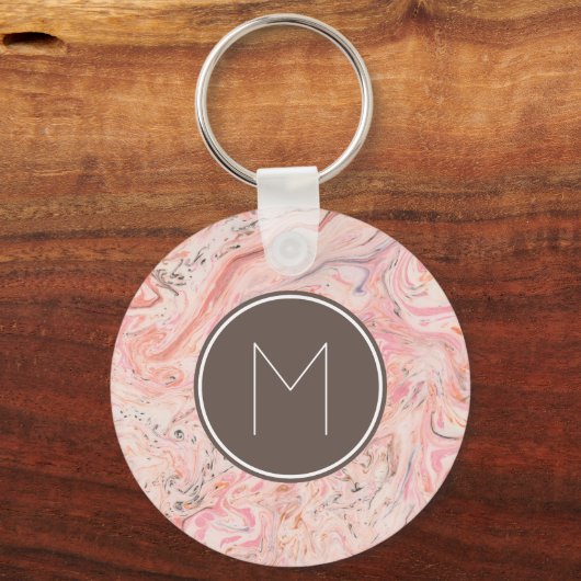 Chic Pink Beige Grey Marble Monogram Sleutelhanger (Achterkant)
