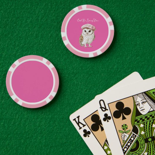 Chic Pink Beret Brown White Owl Be Seeing You Poker Chips (Pokertafel (Dubbel))