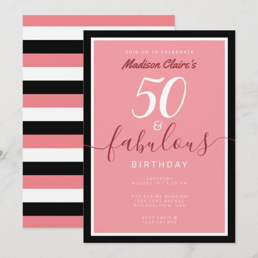 Chic Pink Black en White 50 en Fabulous Birthday Kaart (Voorkant / Achterkant)
