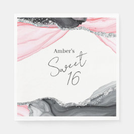 Chic Pink & Black Marble Sweet 16 Verjaardagsfeest Servet