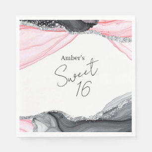 Chic Pink & Black Marble Sweet 16 Verjaardagsfeest Servet