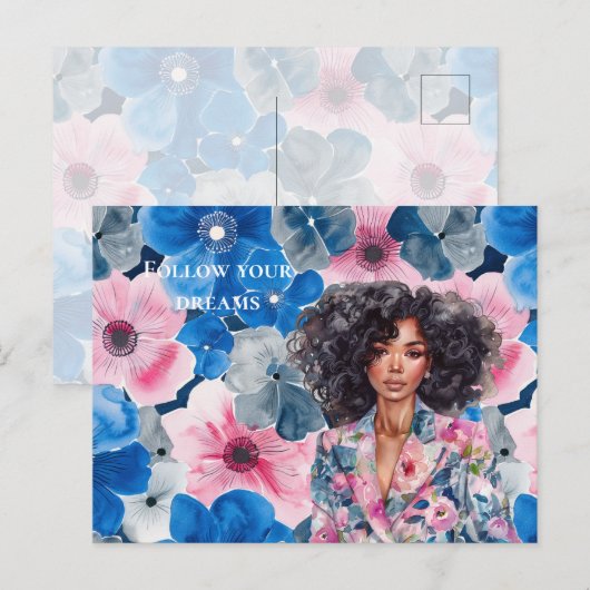 Chic Pink Blue Summer Floral Black Girl Briefkaart (Voorkant / Achterkant)