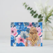 Chic Pink Blue Summer Floral Blond Girl Briefkaart (Staand voorkant)