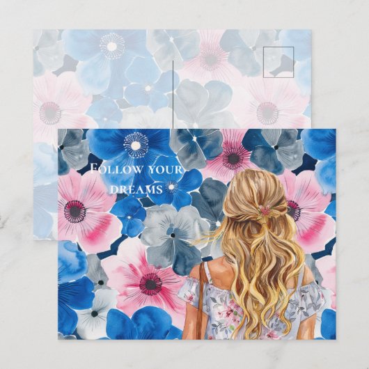 Chic Pink Blue Summer Floral Blond Girl Briefkaart (Voorkant / Achterkant)