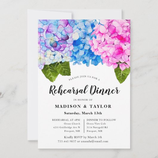 Chic Pink Blue Waterverf Floral Rehearsal Dinner Kaart (Voorkant)