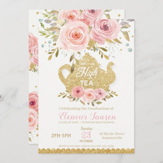 Chic Pink Blush Bloemen High Tea Afstudeerfeest Kaart (Voorkant / Achterkant)