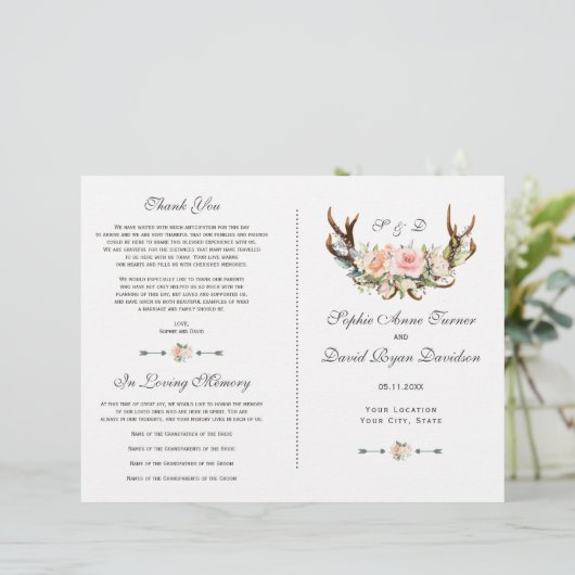 Chic Pink Blush Floral Antlers Weddenschap (Staand voorkant)