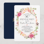 Chic Pink Blush Floral Navy Blue Birthday Party Kaart (Voorkant / Achterkant)
