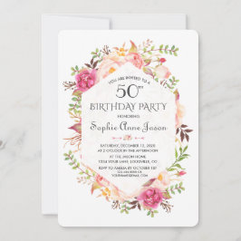 Chic Pink Blush Floral Navy Blue Birthday Party Kaart