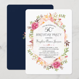 Chic Pink Blush Floral Navy Blue Birthday Party Kaart