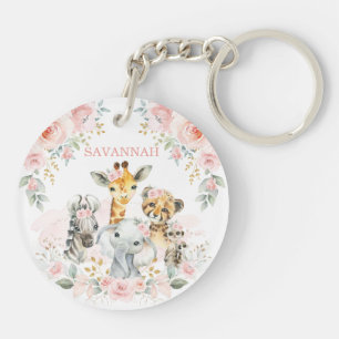 Chic Pink Blush Floral Oerwoud Safari Baby Animals Sleutelhanger
