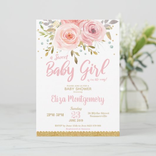Chic Pink Blush Floral Sweet Baby shower Girl Kaart (Staand voorkant)