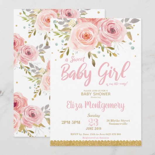 Chic Pink Blush Floral Sweet Baby shower Girl Kaart (Voorkant / Achterkant)