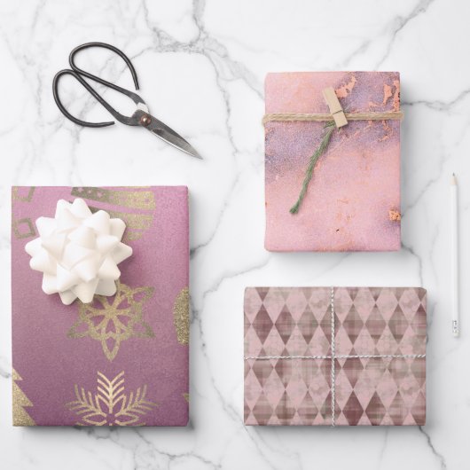 Chic Pink Blush Marble Harlequin kerstsymbolen Inpakpapier Vel (Voorkant)