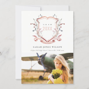 Chic Pink Blush Wildflower Crest Foto Afstuderen Aankondiging
