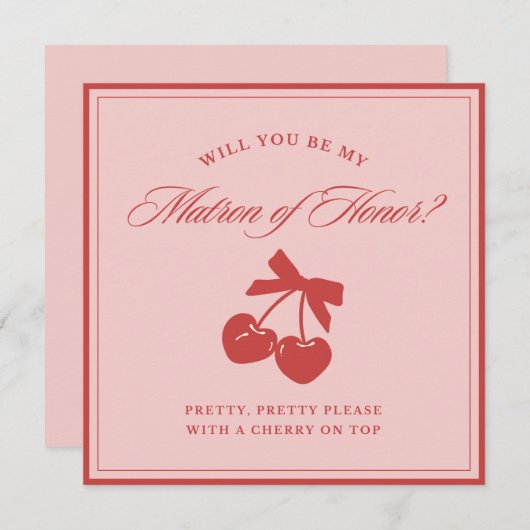Chic Pink Bow Cherry Matron of Honor Proposal Card Kaart (Voorkant / Achterkant)
