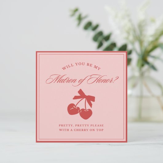 Chic Pink Bow Cherry Matron of Honor Proposal Card Kaart (Staand voorkant)
