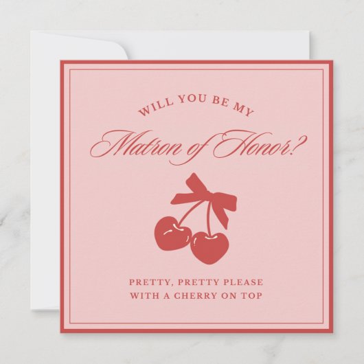 Chic Pink Bow Cherry Matron of Honor Proposal Card Kaart (Voorkant)