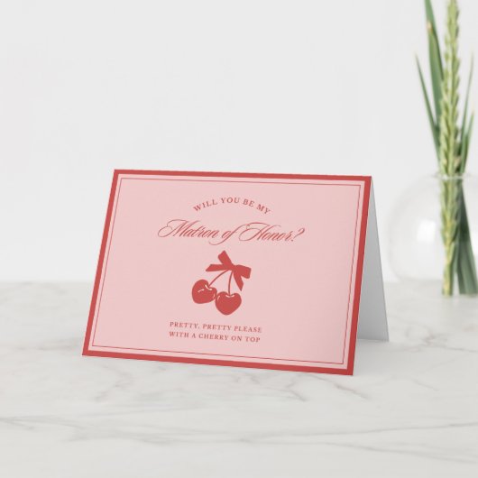 Chic Pink Bow Cherry Matron of Honor Voorstel Kaar Bedankkaart (Voorkant)