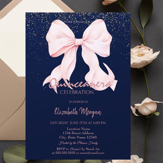 Chic Pink Bow Confetti Navy Blue Quinceañera   Kaart