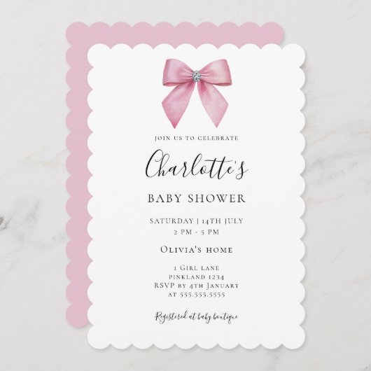Chic Pink Bow Girl Baby Shower Invitation Kaart (Voorkant / Achterkant)