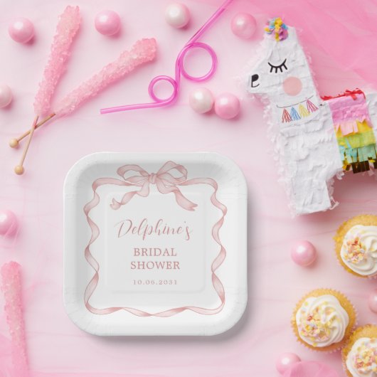 Chic Pink Bow Girl Baby shower Papieren Bordje (Feest)
