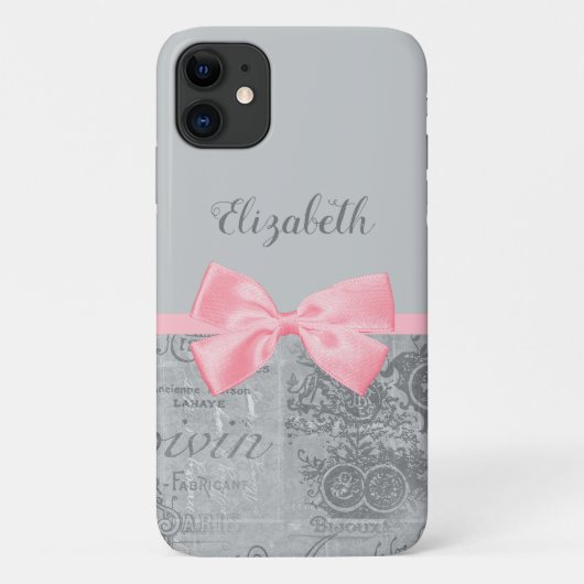 Chic Pink Bow Girly Parisian Ephemera and Name Case-Mate iPhone Case (Achterkant)