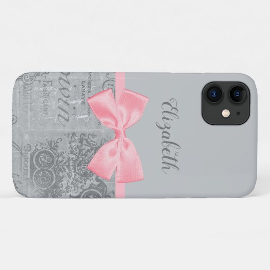 Chic Pink Bow Girly Parisian Ephemera and Name Case-Mate iPhone Case (Achterkant (horizontaal))