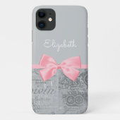 Chic Pink Bow Girly Parisian Ephemera and Name Case-Mate iPhone Case (Achterkant)