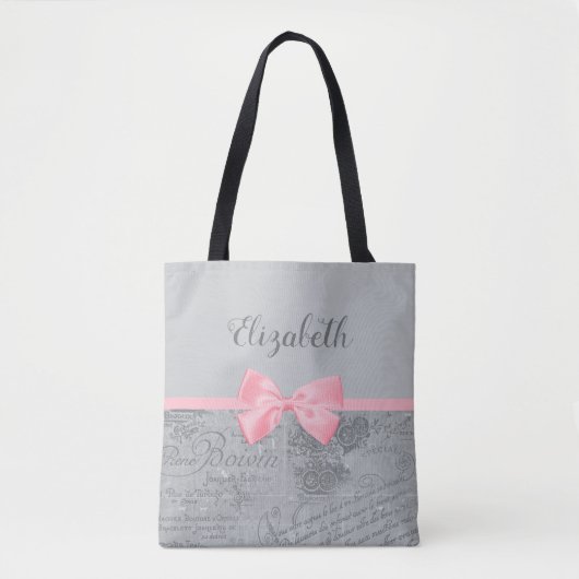 Chic Pink Bow Girly Parisian Ephemera and Name Tote Bag (Voorkant)