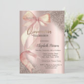 Chic Pink Bow Glitter Rose Gold  Quinceañera Kaart (Staand voorkant)