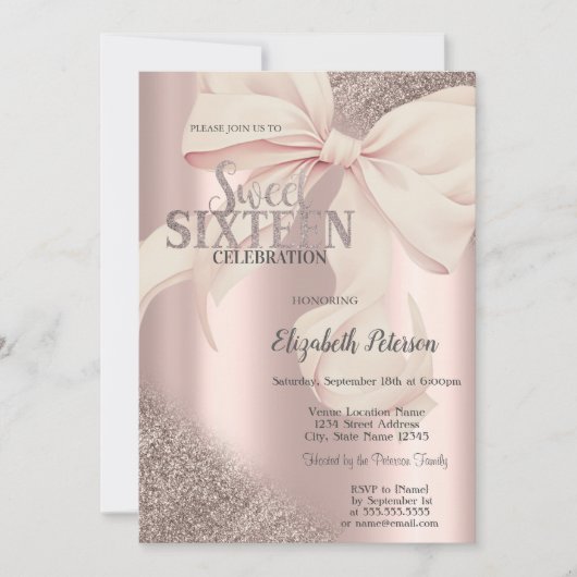 Chic Pink Bow Rose Gold Sweet 16  Kaart (Voorkant)