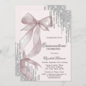 Chic Pink Bow Silver Glitter Drips Quinceañera Kaart (Voorkant / Achterkant)