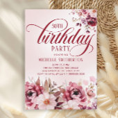 Chic Pink Burgundy Floral Glam 50th Birthday Kaart