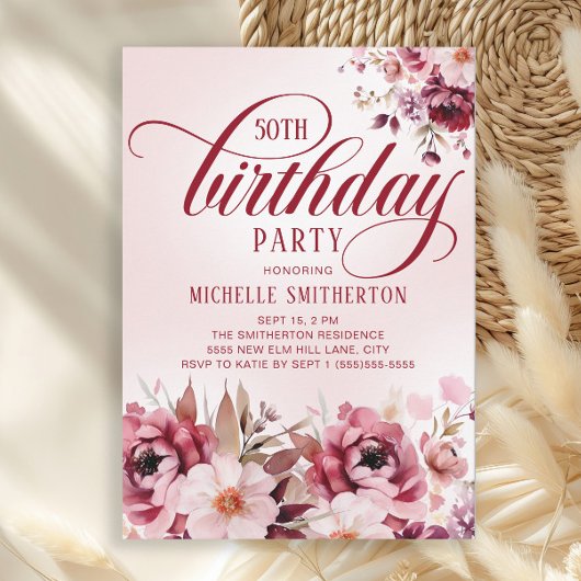 Chic Pink Burgundy Floral Glam 50th Birthday Kaart